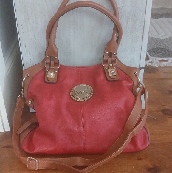 Michael Kors Red and Tan Shoulder Bag with Metallic Accents Double Handles - Picture 1 of 12